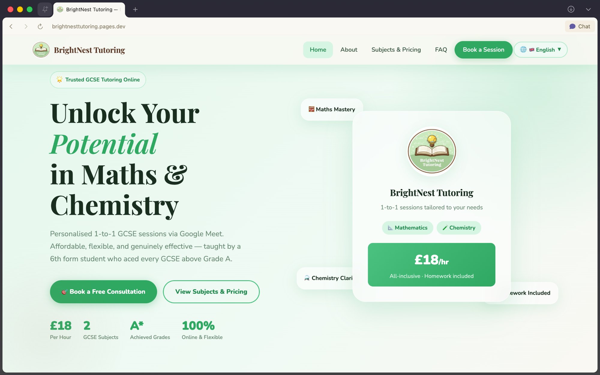 BrightNest Tutoring homepage